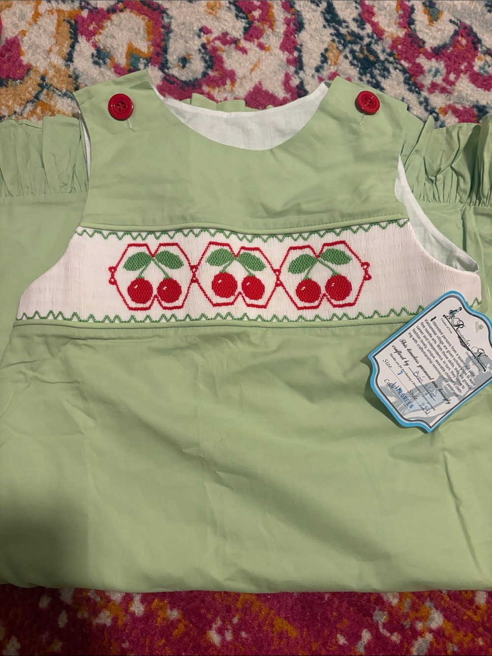 Green Cherry Smocked Baby Dress with Red Button Details
